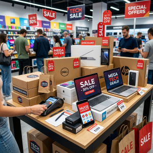 Display of laptops, phones, and tech products with sale and discount tags in a busy electronics store